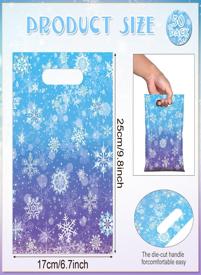 Pascliyna 50 Pcs Winter Snowflake Party Favor Bags, Blue and Purple Snowflake Goodie Bags Bulk with Handles, Holiday Plastic Gift Candy Bag for Birthday Christmas Winter Wonderland Party Supplies - Image 2